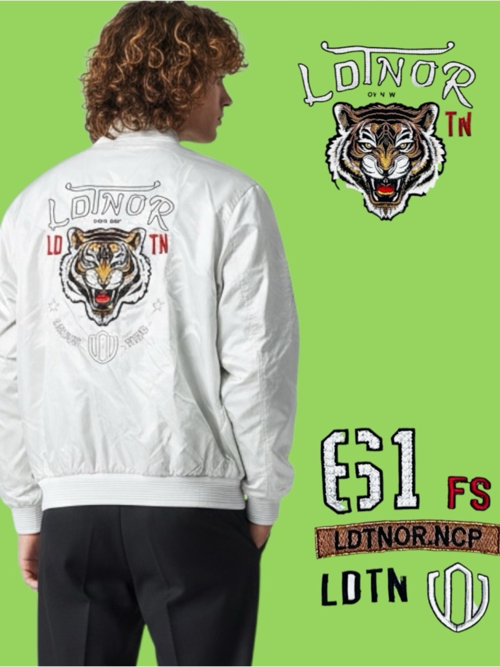 LEDUNTINO Men's Bomber Jacket Windbreaker Embroidery Tiger Pockets Lined XL NWOT
